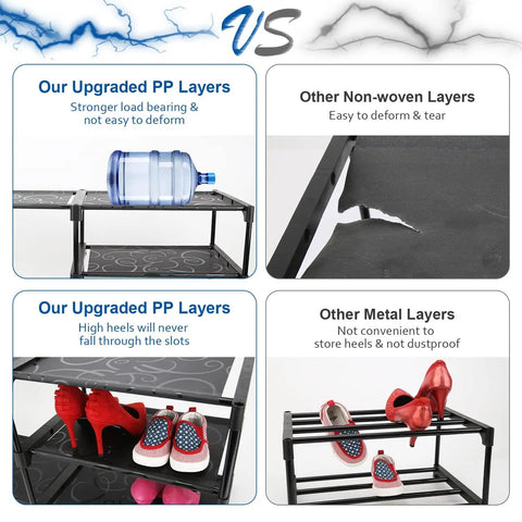 Collage comparing upgraded PP shelves on the 9-Tier Tall Shoe Rack With Dustproof Covers Holds 40 To 46 Pairs Closed Shelves Shoe Cabinet Organizer For Garage Or Bedroom, Sneaker Storage Stand, Durable Multi-Tier Closet Organizer For Boots And Sneakers with non-woven and metal shelves, showcasing load-bearing capacity and dustproof features.
