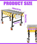 23 Inch Ultra Wide Adjustable Retractable Conveyor Belt 760 Lb Rock Solid Load Capacity Aluminum Alloy Turning Roller shown with dimensions laid out.