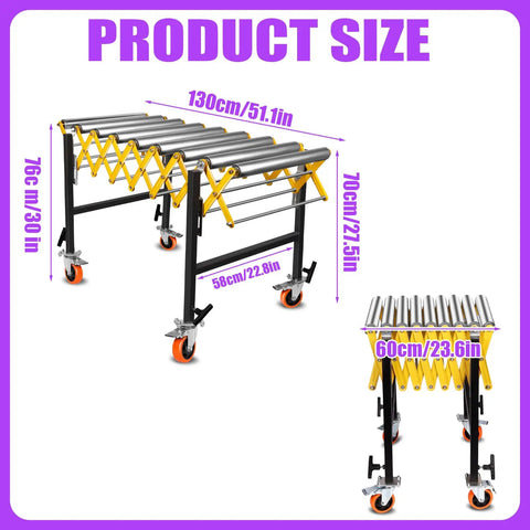 23 Inch Ultra Wide Adjustable Retractable Conveyor Belt 760 Lb Rock Solid Load Capacity Aluminum Alloy Turning Roller shown with dimensions laid out.