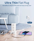 Dope 16 In 1 Tower Power Strip With USB C And USB A Ports, 12 AC Outlets, extension cord next to couch, charging devices.