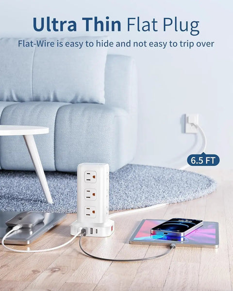 Dope 16 In 1 Tower Power Strip With USB C And USB A Ports, 12 AC Outlets, extension cord next to couch, charging devices.
