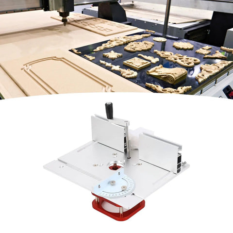 Smooth As Butter Manual Router Table Lift Kit, 2 Inch Precision Stroke with aluminum base and stainless rods in a workshop setting.