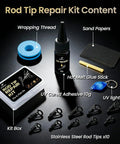 All In One Pro Grade Fishing Rod Tip Repair Kit With 10 Top Eyelets, UV Resin, Epoxy, Wrapping Thread, and Sandpaper displayed