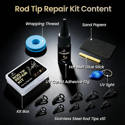 All In One Pro Grade Fishing Rod Tip Repair Kit With 10 Top Eyelets, UV Resin, Epoxy, Wrapping Thread, and Sandpaper displayed