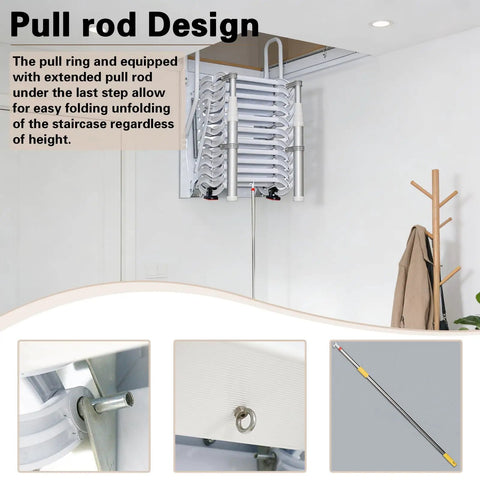 Wall Mounted Folding Loft Ladder With Armrests Retractable Attic Stairs 12 Steps Telescoping Pulldown System For Easy Attic Access White Durable Build with pull rod