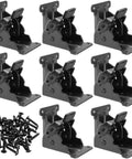 Badass Heavy Duty Folding Brackets For Tables And Bed Legs, 8 Pack Self Locking Hinges With Wood Screws, Sturdy Cold Rolled Steel Extension Supports For Workbenches, Black image showing 8 black steel hinges with screws.