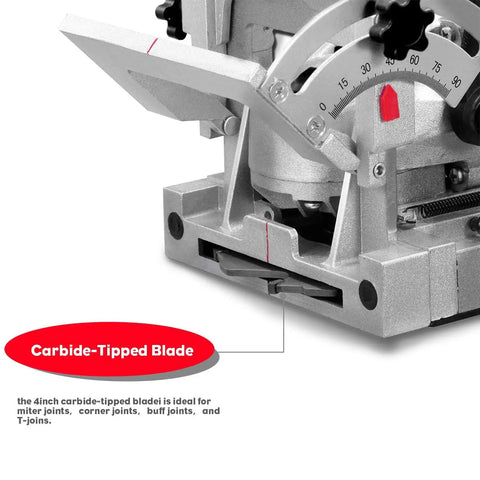 Close-up of 8.5 Amp Biscuit Cutter Plate Joiner Kit with 4-inch tungsten carbide-tipped blade and adjustable angle for joint precision.