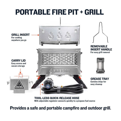 Deluxe Portable Propane Fire Pit With Removable Grill Insert For Safe Outdoor Cooking At Campsites Tailgates Beaches And Backyard Patios stainless steel components