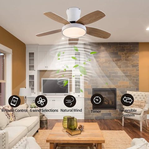 Ceiling Fan with Light 2200 Lumens 3 Color Temperature Flush Mount Indoor in a modern living room with light wood blades.