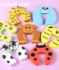 7 Pack Kid Safe Baby Proofing Door Stoppers With Cartoon Animal Corner Protectors Soft Foam Cushions And Finger Guards For Toddlers Prevent Pinched Fingers And Doors From Locking In Rooms shown in giraffe, seal, elephant, monkey, tiger, cow, and ladybug designs with dimensions