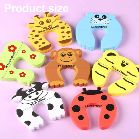 7 Pack Kid Safe Baby Proofing Door Stoppers With Cartoon Animal Corner Protectors Soft Foam Cushions And Finger Guards For Toddlers Prevent Pinched Fingers And Doors From Locking In Rooms shown in giraffe, seal, elephant, monkey, tiger, cow, and ladybug designs with dimensions