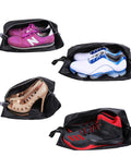 Travel Shoe Bags Set Of 4 Waterproof Nylon With Zipper For Men And Women shown with sneakers and heels inside black organizers.