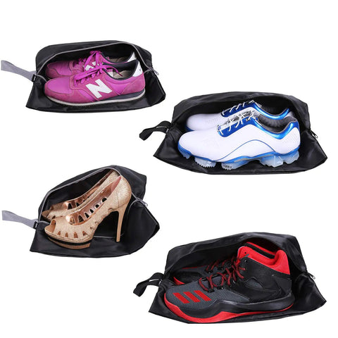 Travel Shoe Bags Set Of 4 Waterproof Nylon With Zipper For Men And Women shown with sneakers and heels inside black organizers.