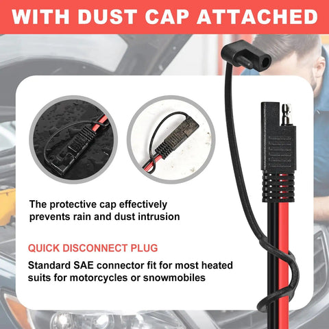 Beefy 2 Pack 2 Pin Quick Disconnect Polarized SAE Wire Harness with dust cap attached, heavy-duty 10 AWG cable visible