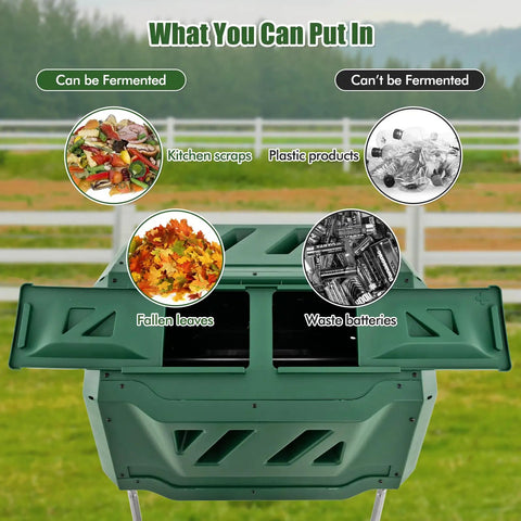 Dual Chamber 43 Gallon Outdoor Compost Tumbler With Sliding Doors And Included Gloves, Rotating Bin For Batch Composting, Large Garden Yard Waste Recycler showing sliding doors and compostable items like kitchen scraps and leaves, with non-compostable items like plastic and batteries.