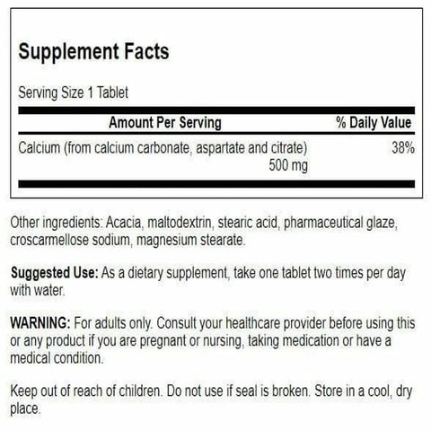 Supplement facts for Calcium Complex 500 Mg With Carbonate, Aspartate And Citrate, 100 Tablets, detailed ingredients and usage instructions.