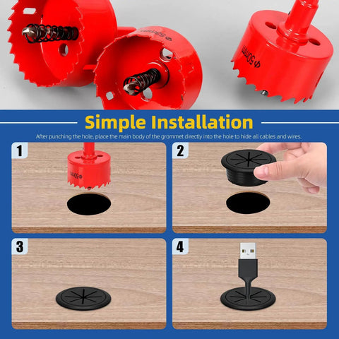Slick Two Inch Desk Cable Grommets With Rapid Hole Saw And Fifteen Nylon Strap Ties For No Brainer Wire Routing And Tight Cord Setup On Your Modern Office Or Home Desktop Pack Of Ten installation steps with hole saw and grommet.