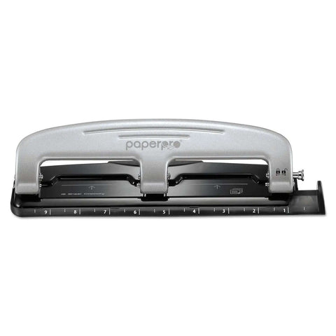 Front view of EZ Squeeze 12 Sheet Three Hole Punch With No Jam Tech, all-metal silver and black design with built-in ruler.