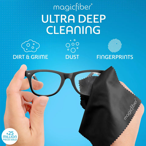 Front view: MagicFiber glasses cleaning kit with two spray bottles and two black microfiber cloths, wiping eyeglasses.