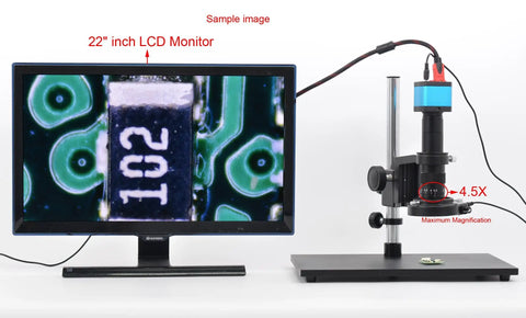 Pro Grade 14MP HDMI Microscope Camera Kit With Remote USB Output TF Card Video Recording 180X C Mount Lens Big Stereo Stand 144 LED Illumination For Industry Lab PCB Inspection, with 22-inch LCD monitor