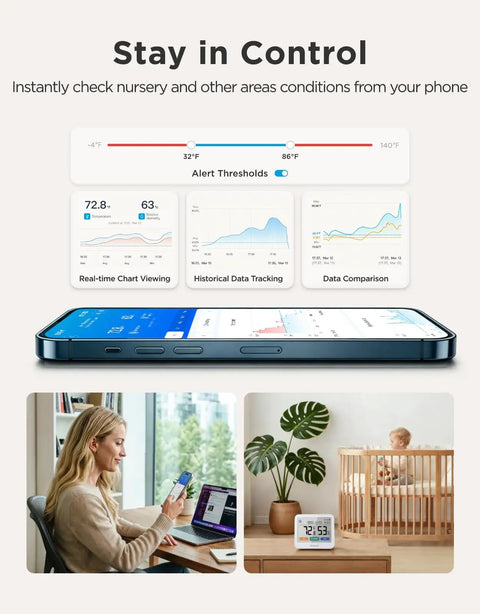 WiFi Thermometer Hygrometer 5-In-1 Temperature And Humidity Monitor displayed on phone screen with indoor climate data