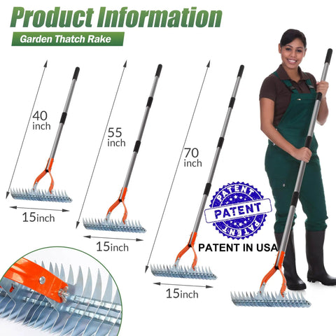 Woman holds 15 Inch Thatch Rake For Lawns Heavy Duty Dethatching Rake With Steel Handle Easy To Use Lawn Care Tool To Remove Dead Grass And Debris Beast Of A Grass Grooming Rake For Yard Garden And Lawn Maintenance showcasing multiple sizes from 40 to 70 inches