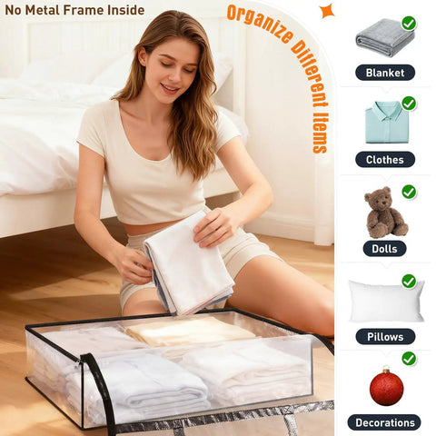 Woman organizing blankets into a 60L under bed storage bag with lids and sturdy handles, showing versatile use for clothes.