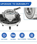 Beefed Up Front Wheel Bearing Hub Assembly 2 Pack For 2006 To 2010 Ford Explorer 2007 To 2010 Explorer Sport Trac And 2006 To 2010 Mercury Mountaineer 5 Lug With ABS OE Grade Replacement Ready To Install product shown in original packaging with low friction, low noise, and premium quality features highlighted.