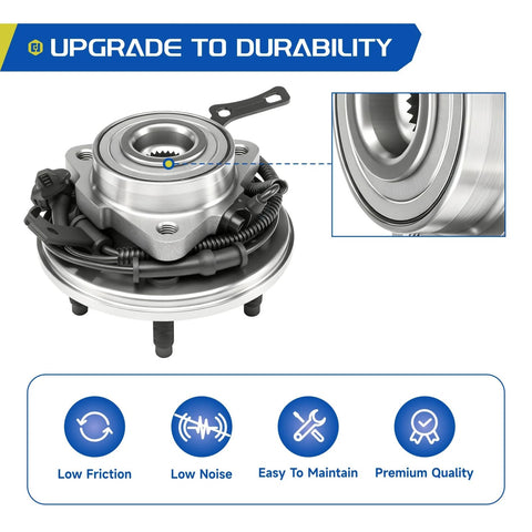 Beefed Up Front Wheel Bearing Hub Assembly 2 Pack For 2006 To 2010 Ford Explorer 2007 To 2010 Explorer Sport Trac And 2006 To 2010 Mercury Mountaineer 5 Lug With ABS OE Grade Replacement Ready To Install product shown in original packaging with low friction, low noise, and premium quality features highlighted.