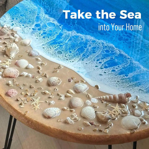 Ocean-themed epoxy resin table with seashells and starfish, showcasing the 2 Gallon Epoxy Resin Kit Pro Grade With Pumps 1 To 1 Mix Crystal Clear High Gloss Low Odor No Yellowing Self Leveling For Molds Countertops Tables And DIY Art Crafts Includes Mica Powders For Colorful Results.