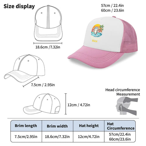 Size chart and image of Pink Lightweight Mens Beach Cap With Adjustable Buckle Distressed Washed Low Profile Baseball Hat