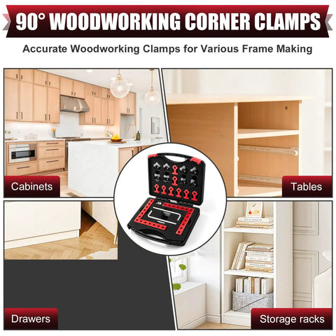 Image showing Corner Clamps For Woodworking 4 Pack 5.5 Inch Aluminum Alloy 90 Degree Right Angle Clamp with storage case for cabinets, tables, drawers.