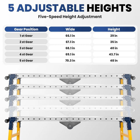 Super Heavy Duty Foldable Welding Table Workbench With 65 By 12 Inch Galvanized Steel Top showing 5 adjustable height settings.