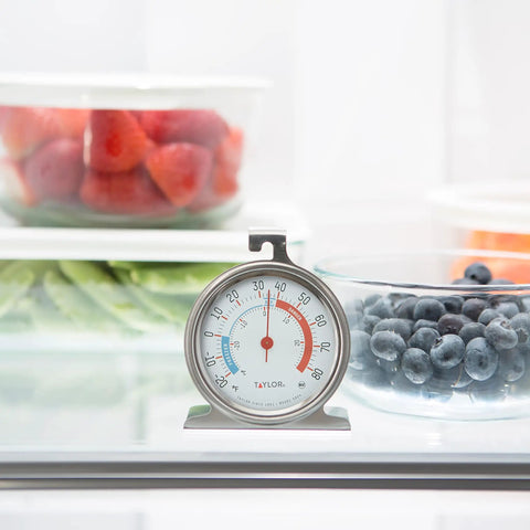 Big 3 Inch Dial Refrigerator and Freezer Thermometer With Stainless Steel Casing inside fridge, showing temperature monitoring.