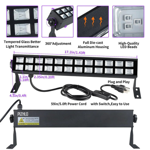 Two Pack 60W LED Black Light Bar Flood Light With Switch Plug And 5 Foot Cable, 60 LEDs, Wide 120 Degree Beam, Lights Up About 1024 Sq Ft Per Bar, Perfect For Parties, Stage Lighting, Body Paint, Fluorescent Posters, Halloween