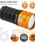Beast Mode Bright Underwater Dive Light With 25000 Lumens showing battery indicator and Type C charging port for deep sea dives