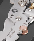 Close-up of Aramox 10-In-1 Folding Wire Stripper Pliers made of CRV steel, showcasing crimping detail and features for electricians.