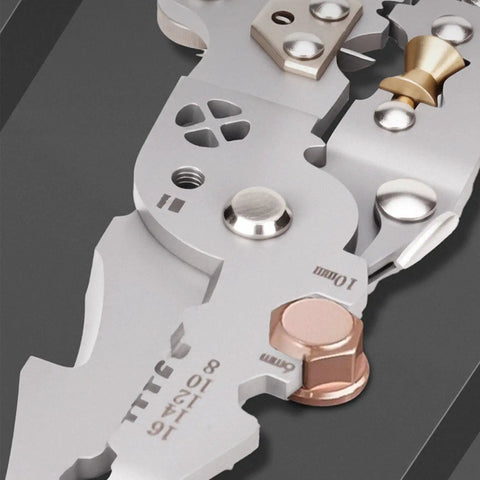 Close-up of Aramox 10-In-1 Folding Wire Stripper Pliers made of CRV steel, showcasing crimping detail and features for electricians.