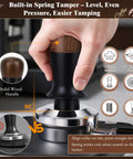 Premium Eight Piece Espresso Accessories Kit With 58Mm Tamper And Pro Distributor For Breville Gaggia Machines Making Legit Shots All Day Fly Barista Gear That Truly Slaps, showing a built-in spring tamper with a solid wood handle.