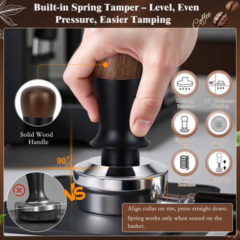 Premium Eight Piece Espresso Accessories Kit With 58Mm Tamper And Pro Distributor For Breville Gaggia Machines Making Legit Shots All Day Fly Barista Gear That Truly Slaps, showing a built-in spring tamper with a solid wood handle.