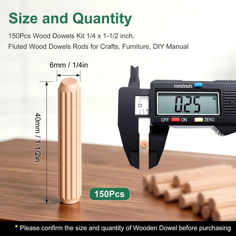 150 Pcs Wood Dowels Kit One Quarter Inch And One And A Half Inch Fluted Dowel Pins measured with digital caliper
