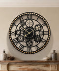 Large Farmhouse Wall Clock For Living Room Decor Visible Gear Dial with black and wooden accents on wall.