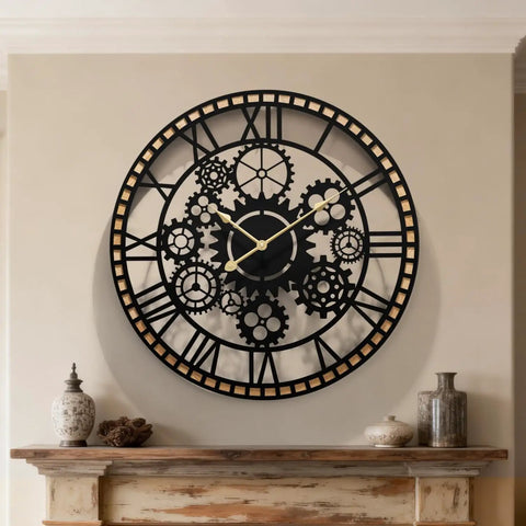 Large Farmhouse Wall Clock For Living Room Decor Visible Gear Dial with black and wooden accents on wall.