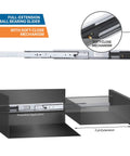Diagram showing 28 inch full extension soft close ball bearing drawer slides for heavy duty cabinets, featuring 5 pairs of 100 lb capacity.
