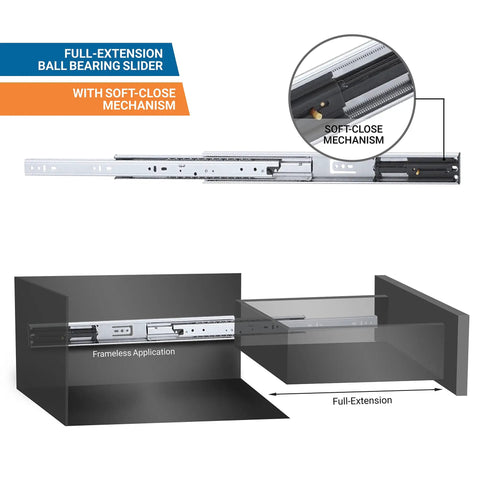 Diagram showing 28 inch full extension soft close ball bearing drawer slides for heavy duty cabinets, featuring 5 pairs of 100 lb capacity.