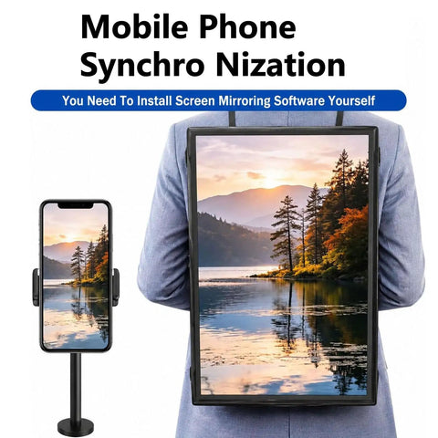 Straight Fire 23 Inch Digital Billboard Backpack With Smooth Wifi Remote Control And Full Hd Lcd Screen showing lakeside scenery.