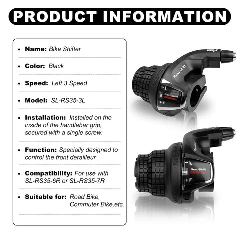 Three Speed Left Twist Shift Lever For 3 Speed Front Derailleur Lightweight And Simple To Use Fits Mountain Bikes Commuter Bikes And Folding Bikes Easy Wrist Twist Gear Shifting with product details and black design