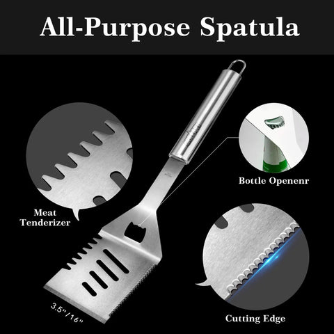 Pro Grade Stainless Grill Tools Set 3 Piece BBQ Utensils Spatula with meat tenderizer, bottle opener, and cutting edge