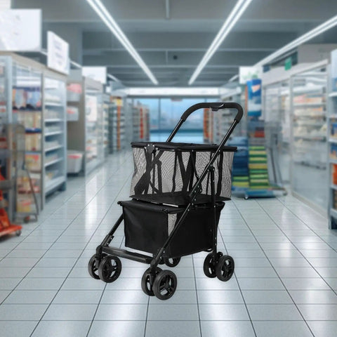 Heavy Duty Folding Utility Cart With Sweet Smooth Glide Swivel Wheels For No Sweat Hauling in a grocery store aisle.