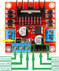 L298N Dual Motor Driver Controller Board H Bridge Module For Arduino And Raspberry Pi Drives Stepper And DC Motors 5V To 35V Drive Voltage 2A Max Per Bridge 4 Pack, showing terminal labels and connections.